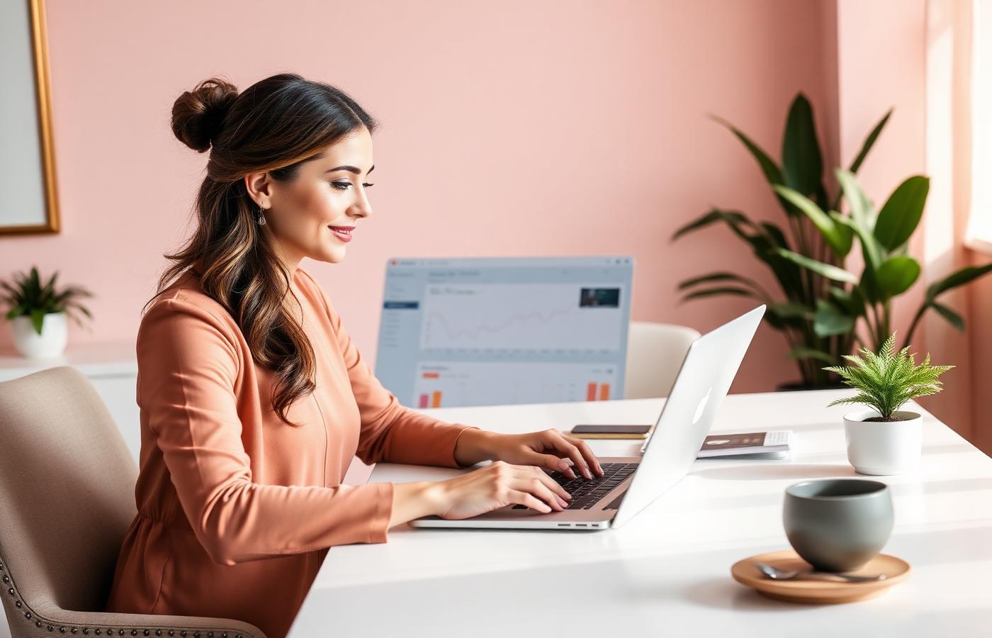 Woman reviewing an affiliate marketing commission dashboard on a laptop at a bright blush and gold home desk