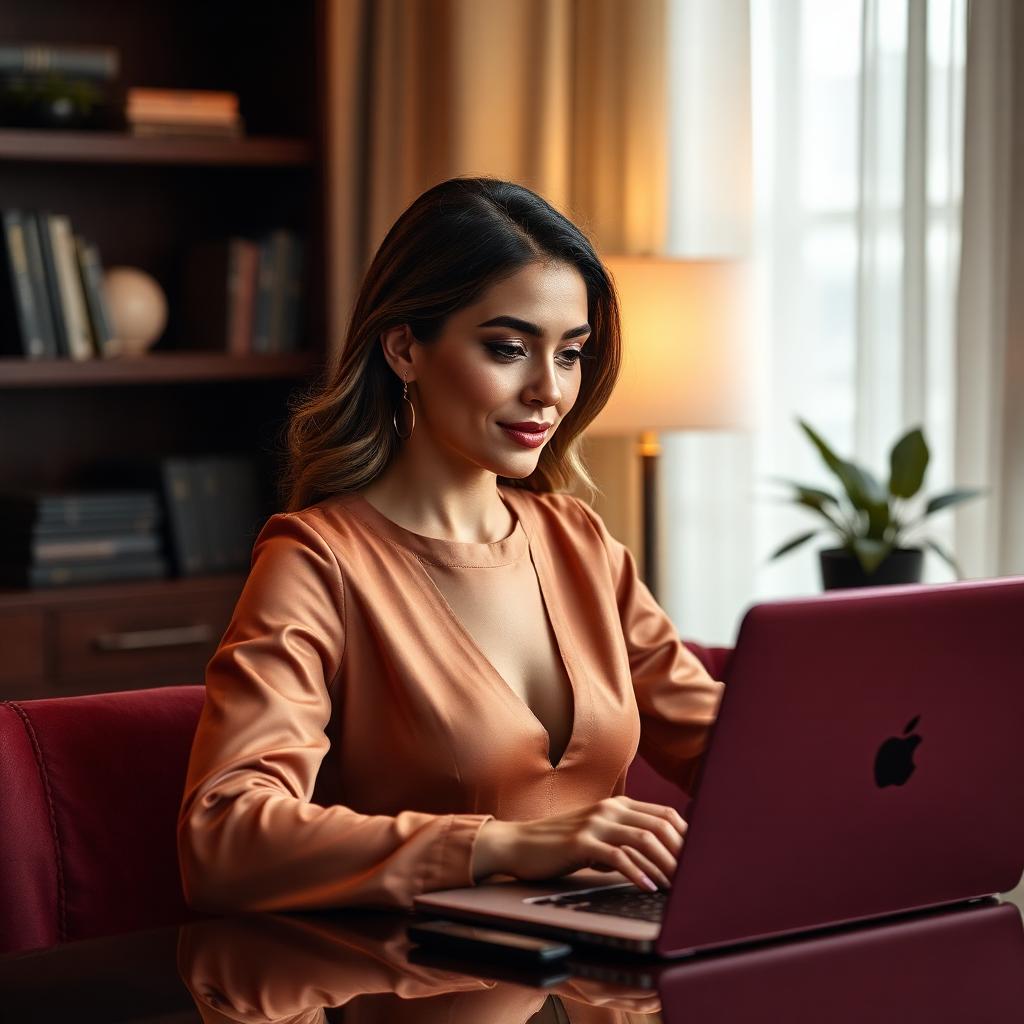 Woman founder working on laptop surrounded by holographic AI agent interfaces in a warm modern home office