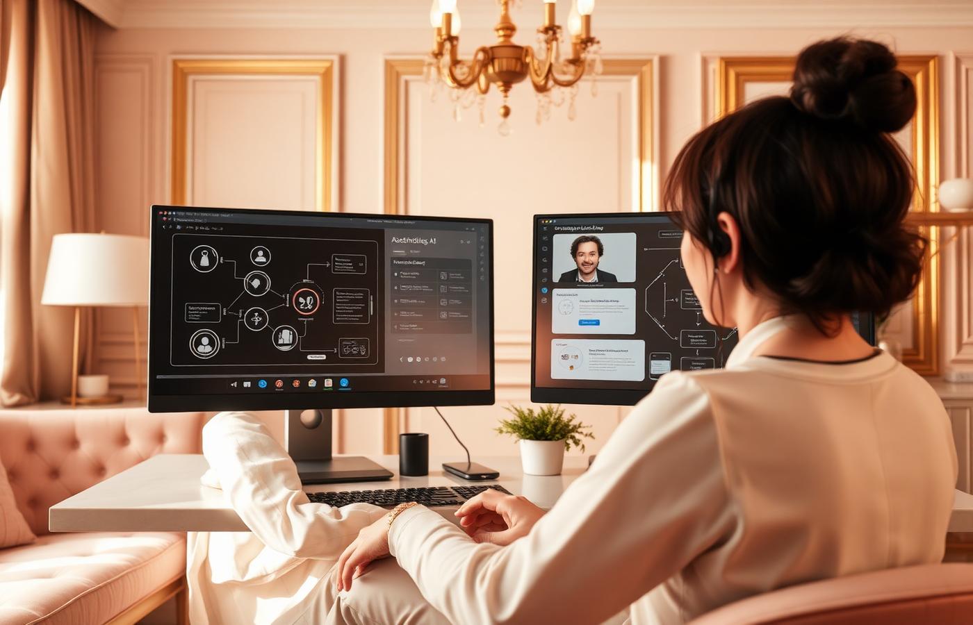 Woman consultant reviewing AI automation workflow diagrams on dual monitors in a warm home office