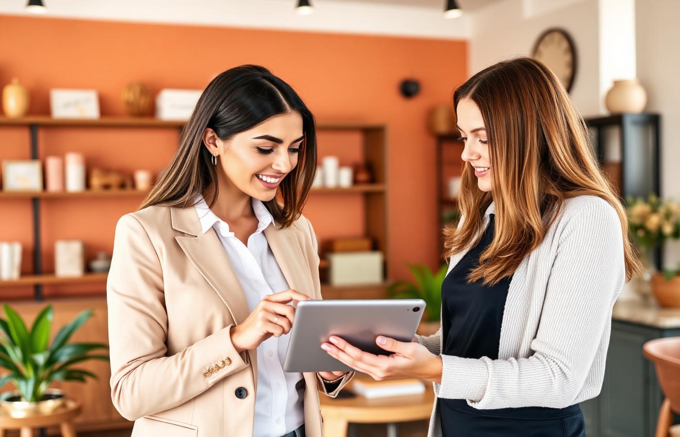 Woman consultant showing a small business owner an AI chatbot dashboard on a tablet inside a boutique salon