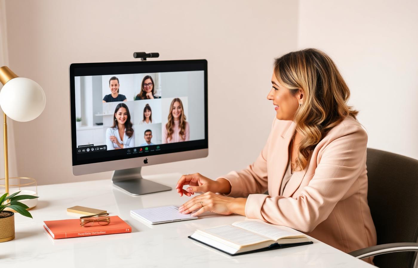 Woman coach leading a group video call with clients from a bright minimalist home office