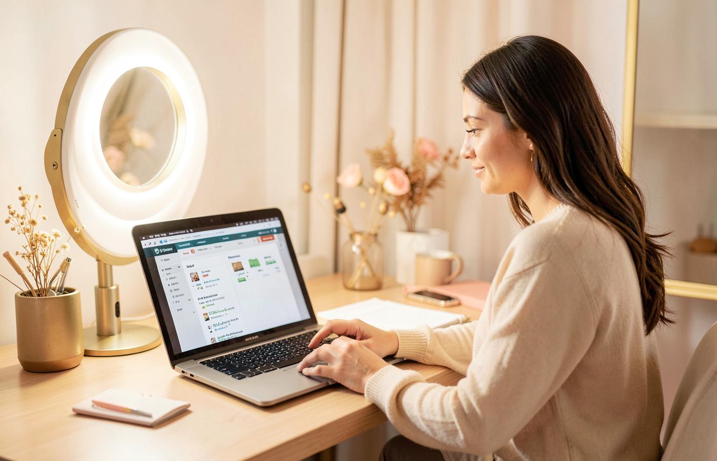 Woman course creator recording a lesson at a bright home studio desk with a ring light and course curriculum open on her laptop