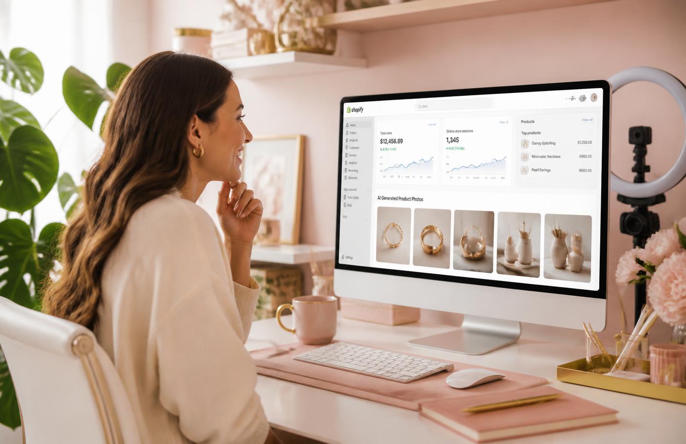 Woman entrepreneur reviewing Shopify dashboard with AI-generated product photos on a desktop monitor in a feminine home office