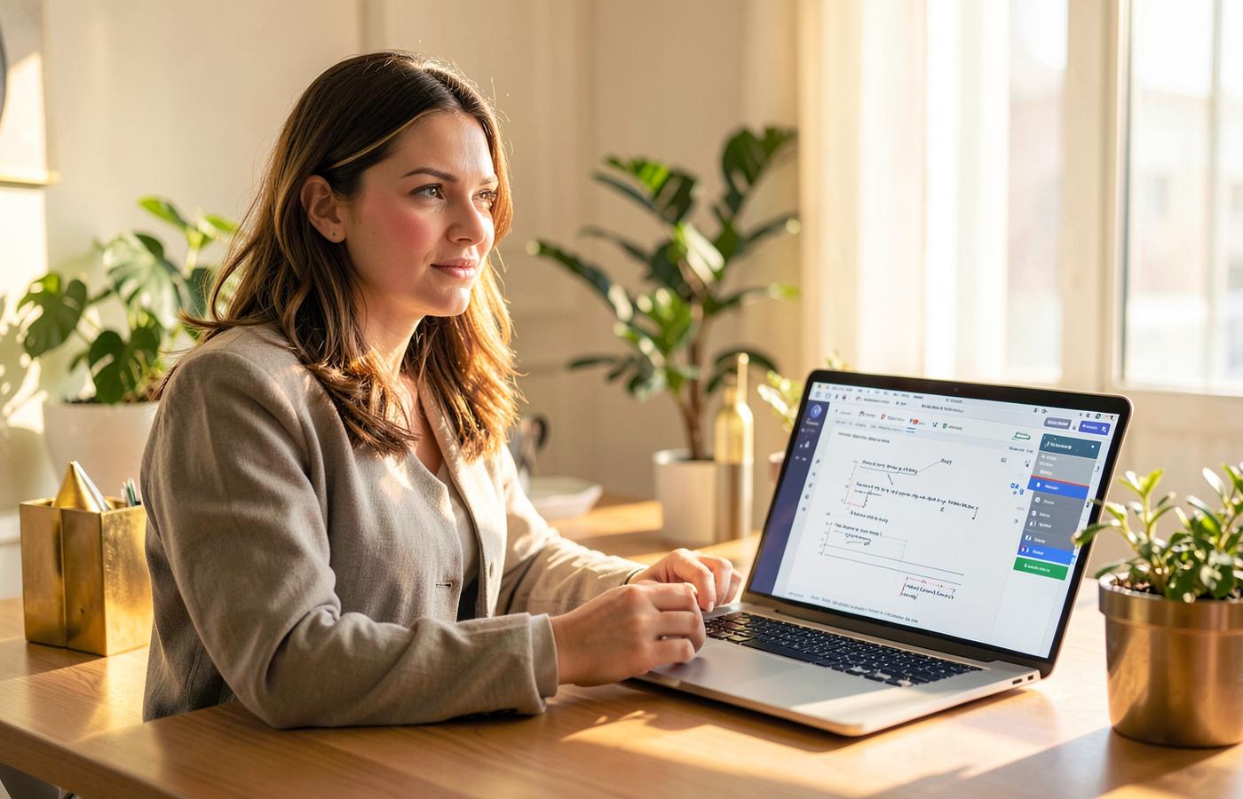 Woman freelance grant writer drafting a nonprofit funding proposal on her laptop with an AI writing assistant open beside the document
