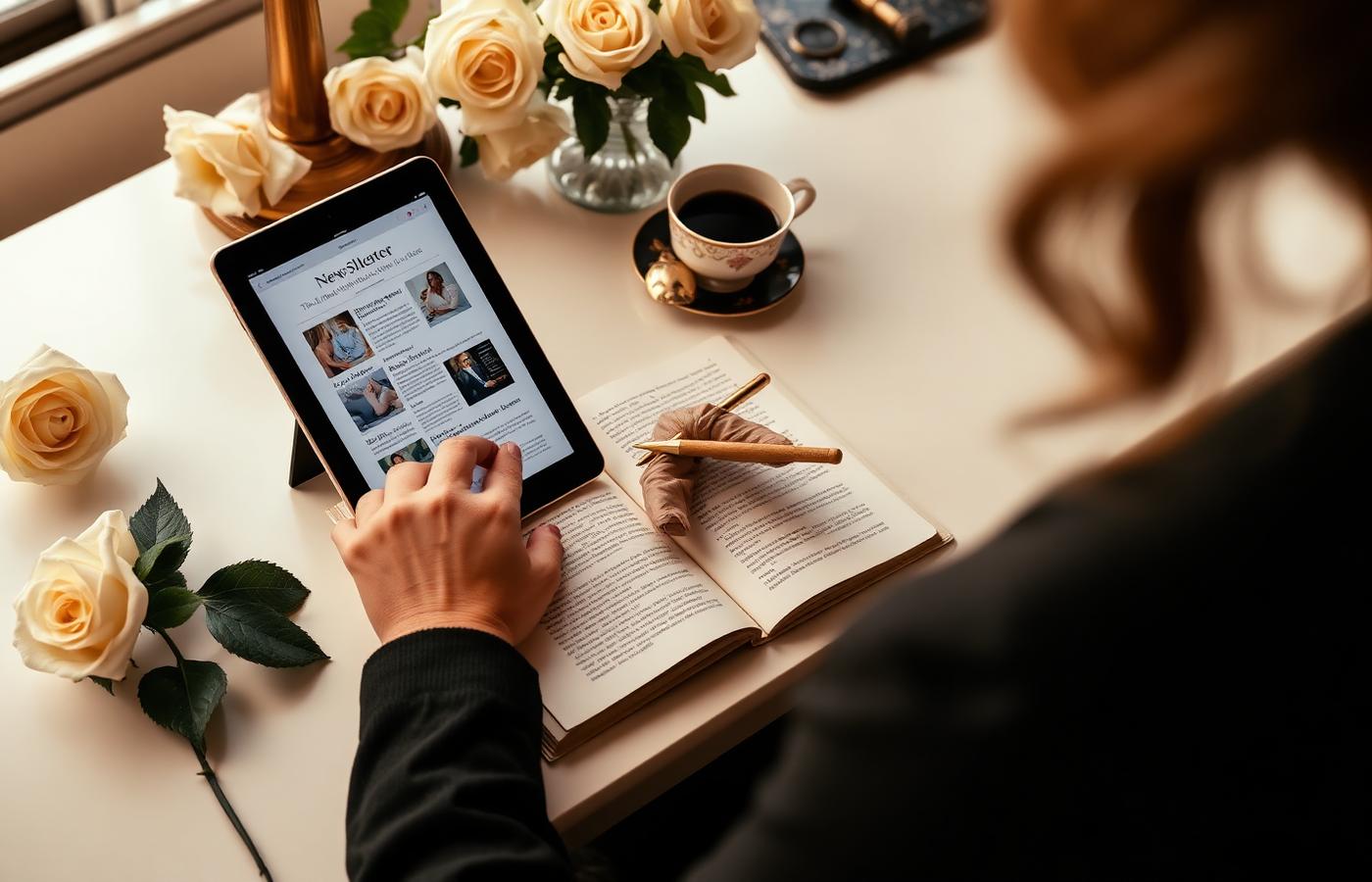 Woman drafting a newsletter issue on a tablet at a cream desk with roses, notebook and coffee