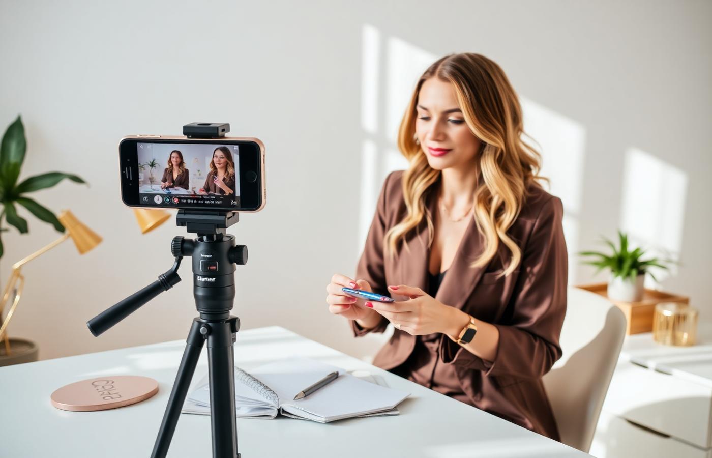 Woman filming a short professional video for LinkedIn with a phone on a tripod in a bright minimal home office