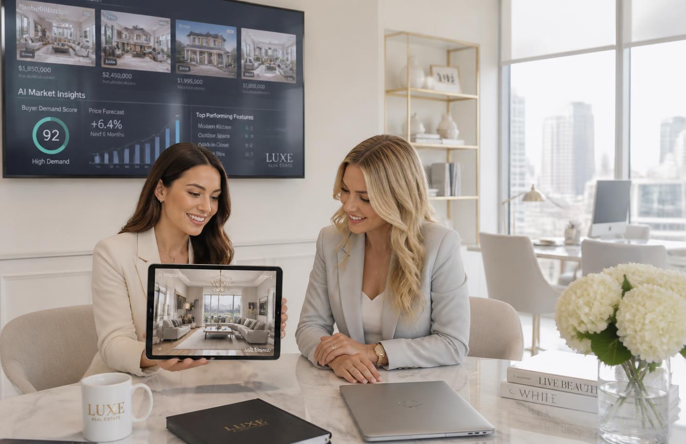 Two women real estate professionals reviewing AI-virtually-staged property photos on a tablet in a bright modern brokerage office