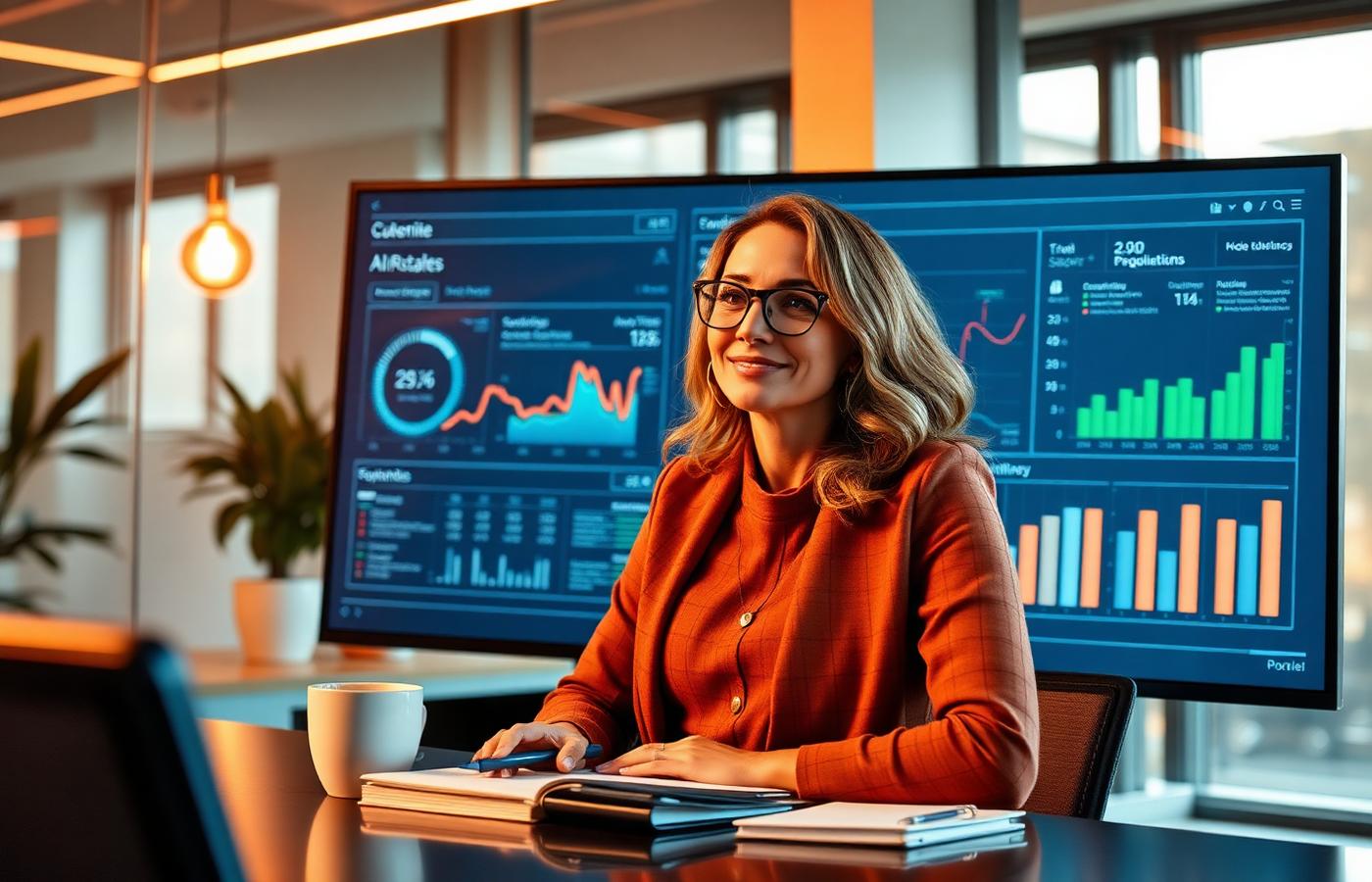Confident woman presenting an AI analytics dashboard on a large office monitor during a performance review