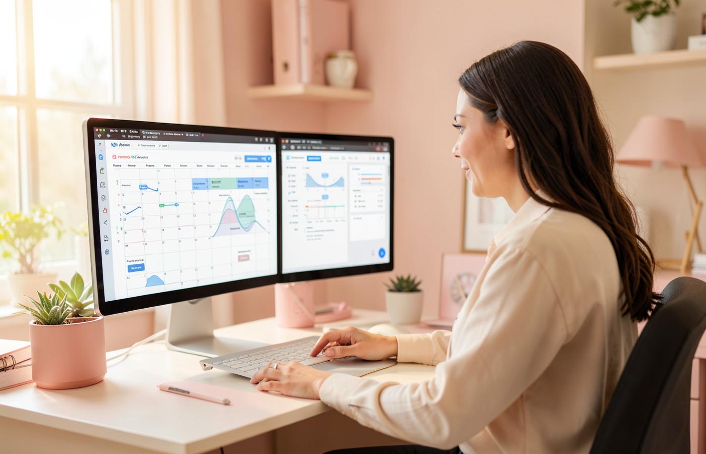 Woman executive virtual assistant managing a founder's calendar, inbox, and AI automation dashboard from a tidy home office
