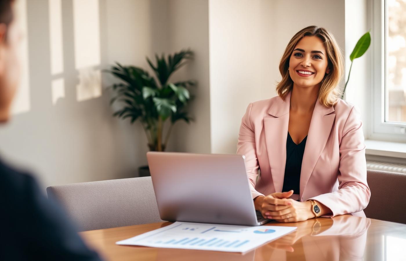 Woman founder using AI tools during a client meeting in her modern office