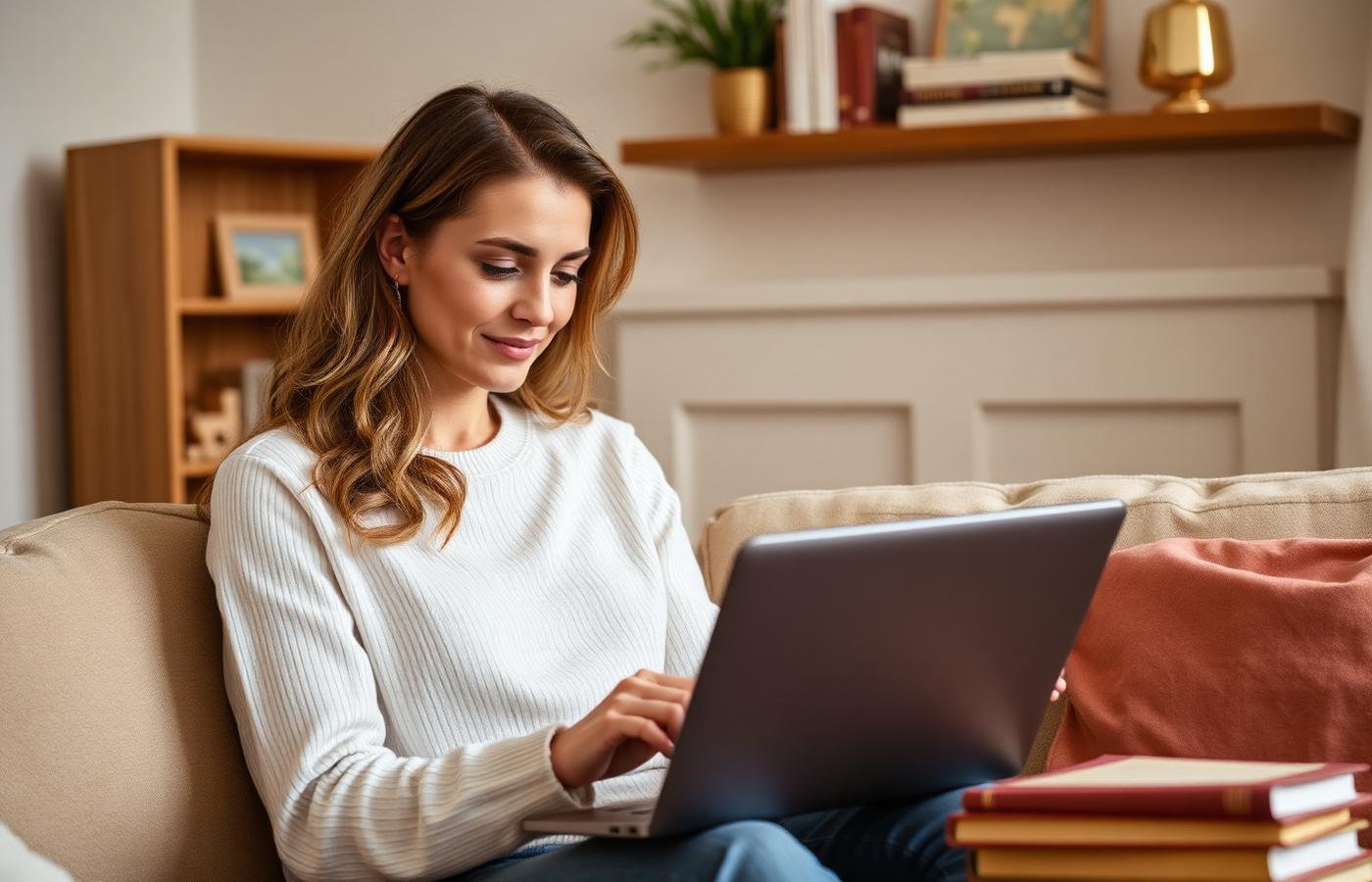 Woman studying AI online with a laptop and books in a cozy home study