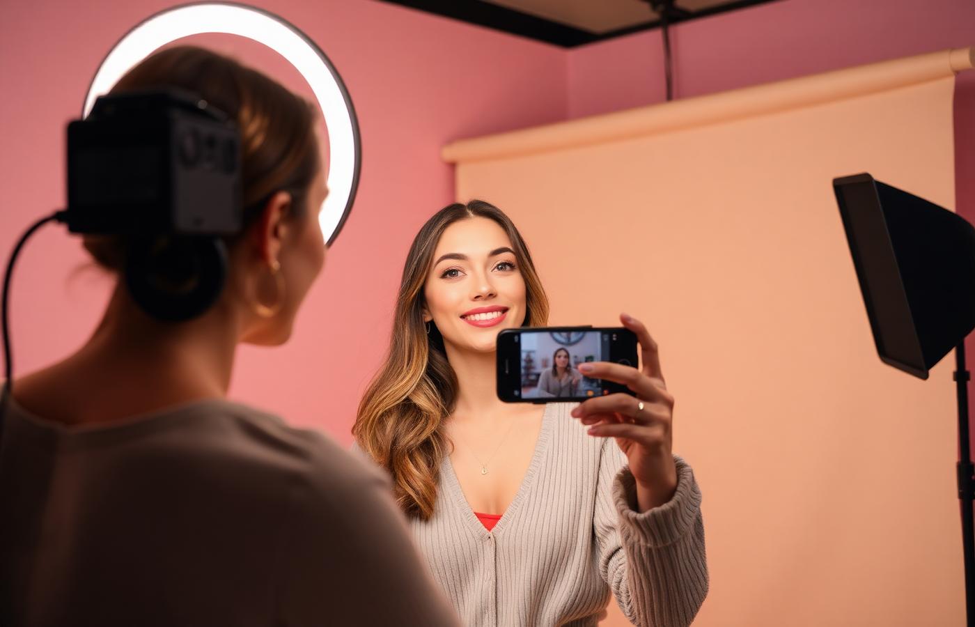 Woman creator recording video content in an aesthetic pink studio using AI editing tools