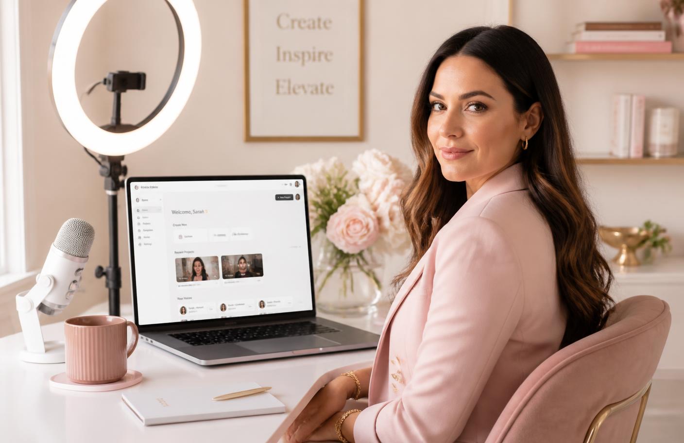 Woman in a blush blazer at a bright home desk using an AI video studio dashboard to produce faceless YouTube content
