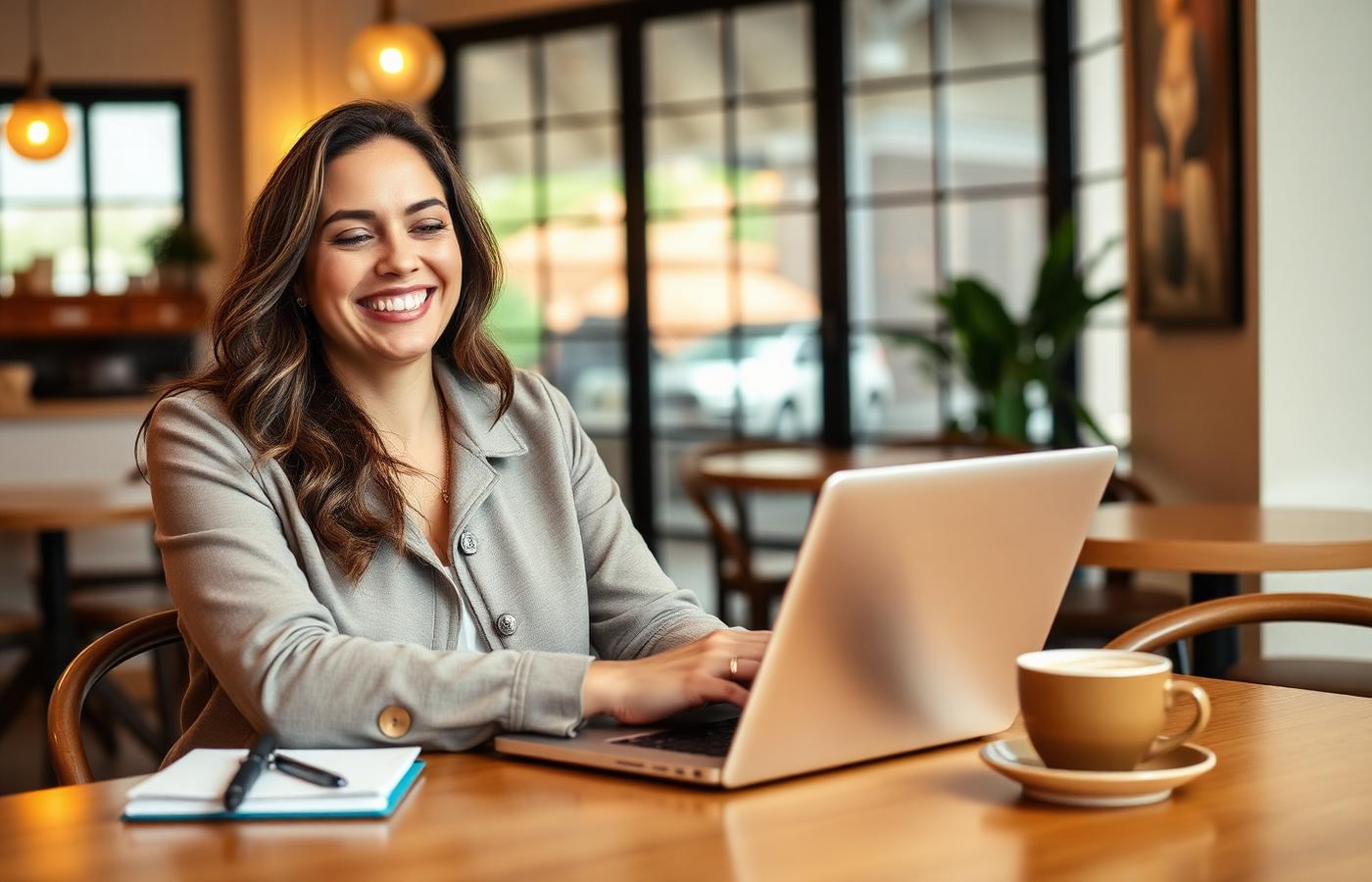 Smiling woman entrepreneur using laptop in a bright cafe running an AI side hustle from home