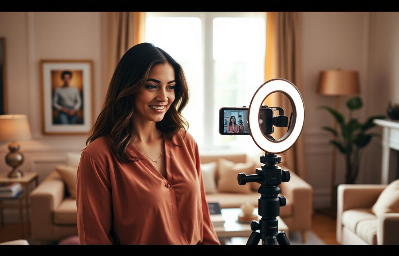 Woman filming a user-generated content brand video on her phone with a ring light in a warm blush-toned living room
