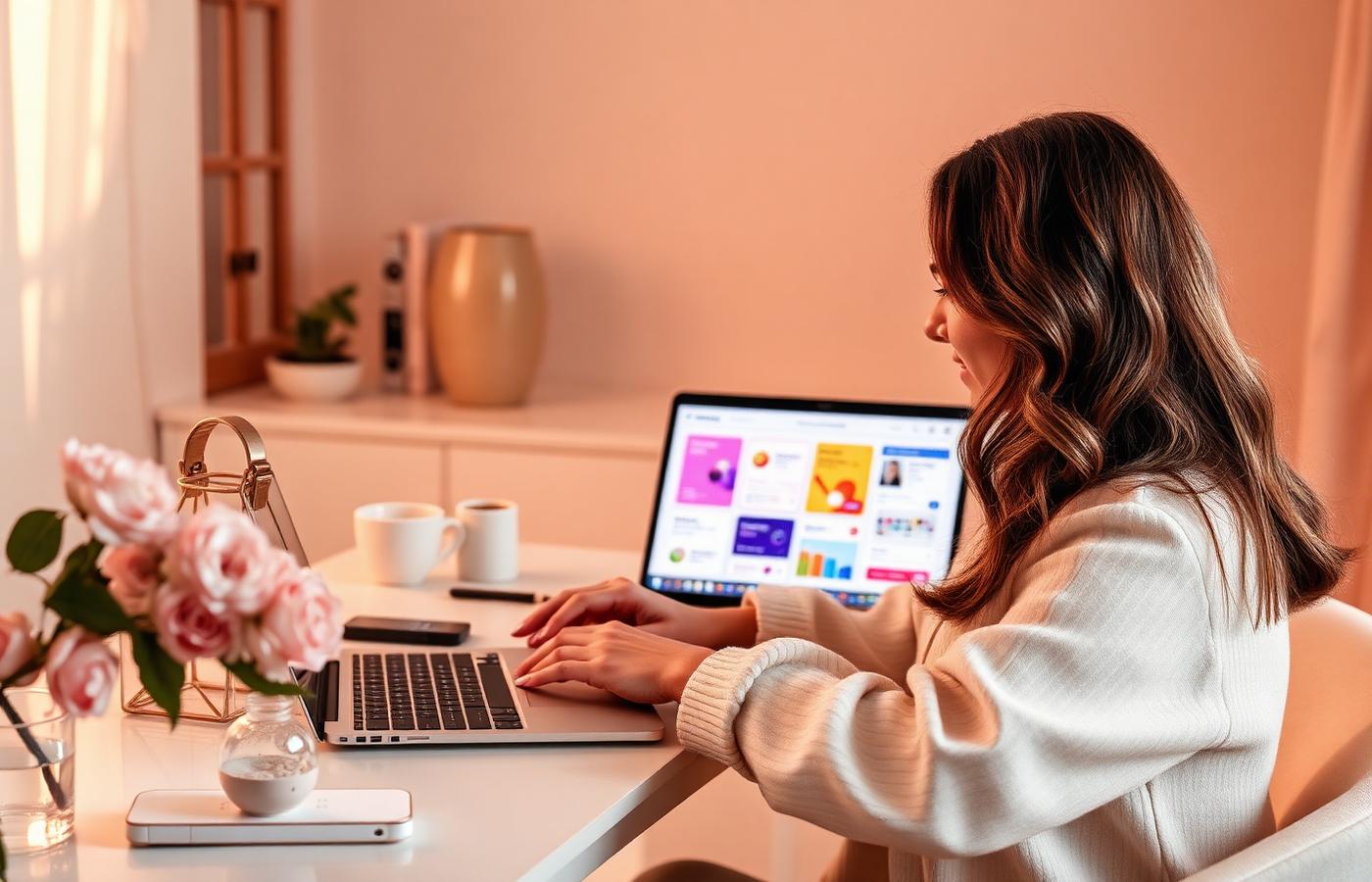 Woman building a micro-SaaS app on a laptop at a warm minimalist home desk with app interface mockups on screen